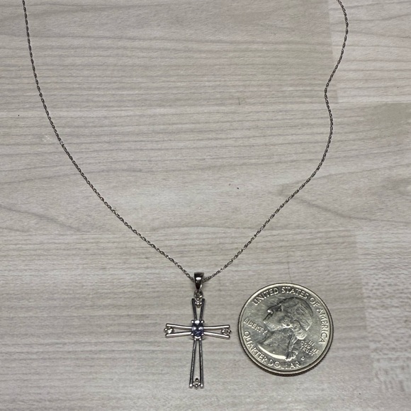 10k White Gold Necklace with Tanzanite & Diamonds Cross Pendant 1.9g - Picture 2 of 6